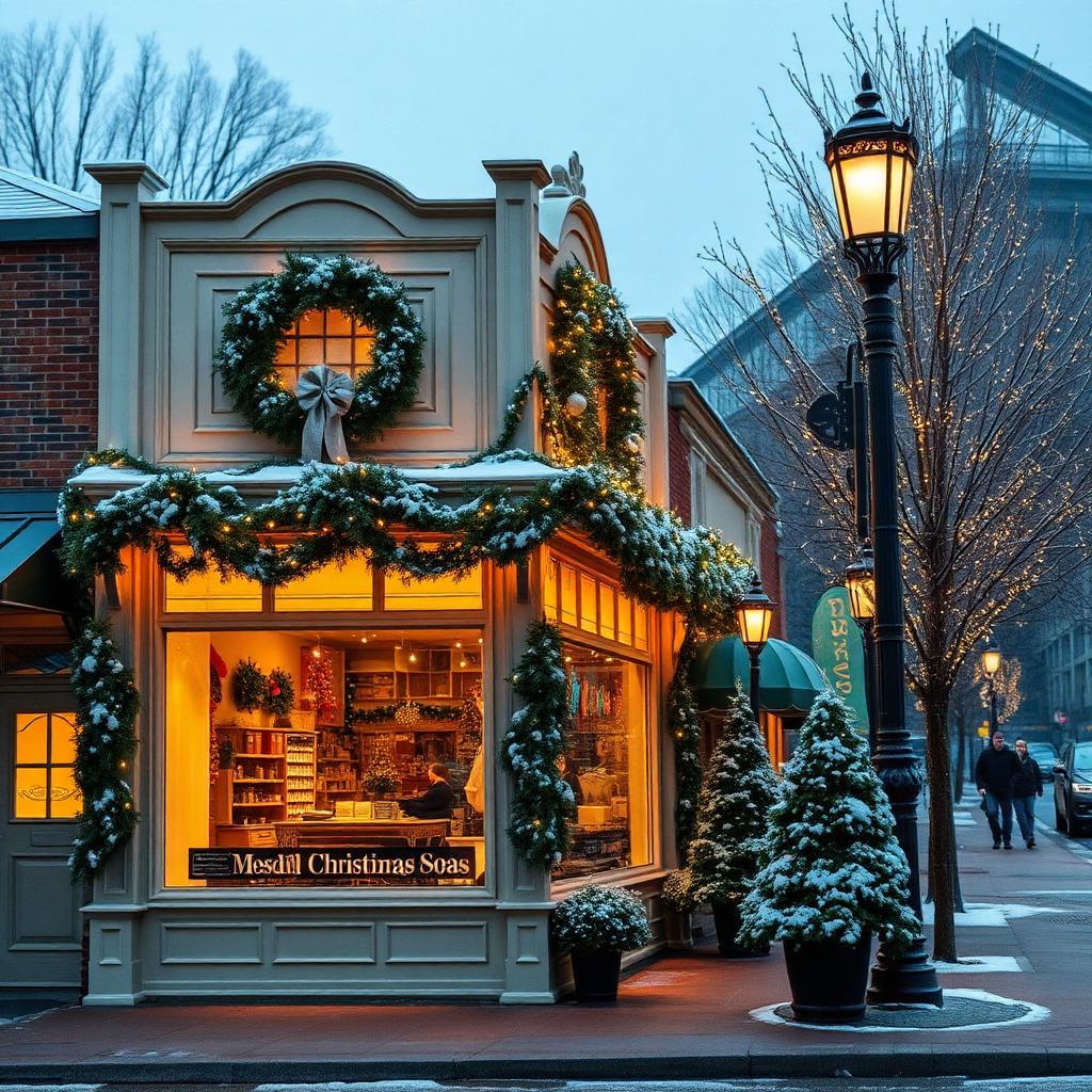 St. Louis storefront decorated with garland and warm Christmas lights