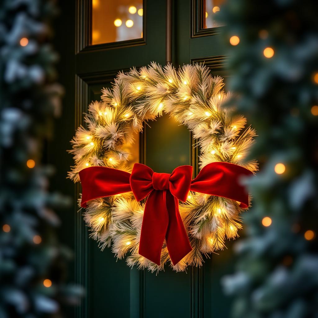 Warm white lit Christmas wreath with a red bow on a green front door